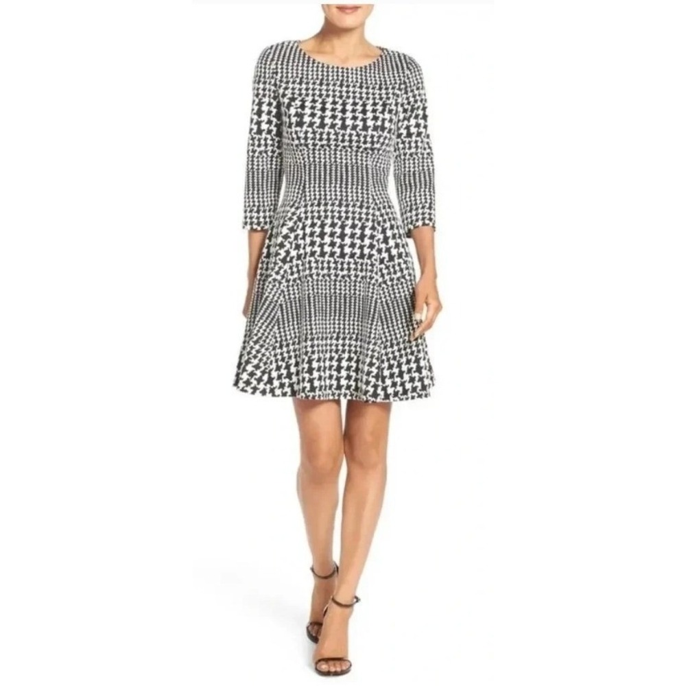 Eliza J | Womens Houndstooth Fit and Flare Zip Front Dress Black White | Size 2